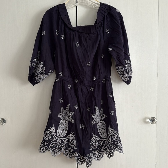 Farm Rio x Anthro Jackie Embroidered Linen Off-Shoulder Pineapple Navy Romper S - Picture 6 of 13